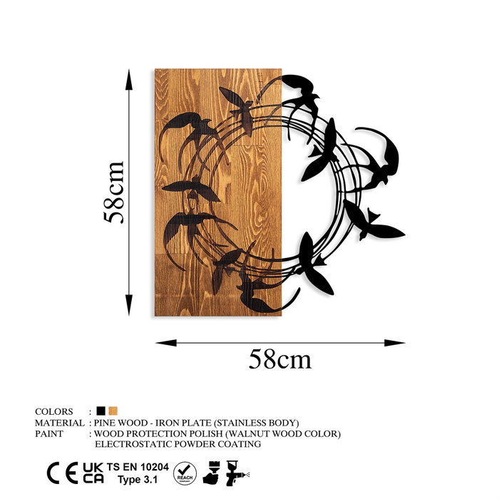 Wallity Spiral Birds 1 Escultura de pared de madera y metal Nogal y Negro